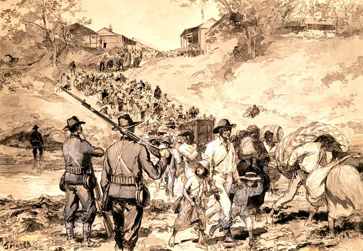 Auguste Gérardin-original Watercolor And Wash-signed-scene Of Exodus In South America-1880