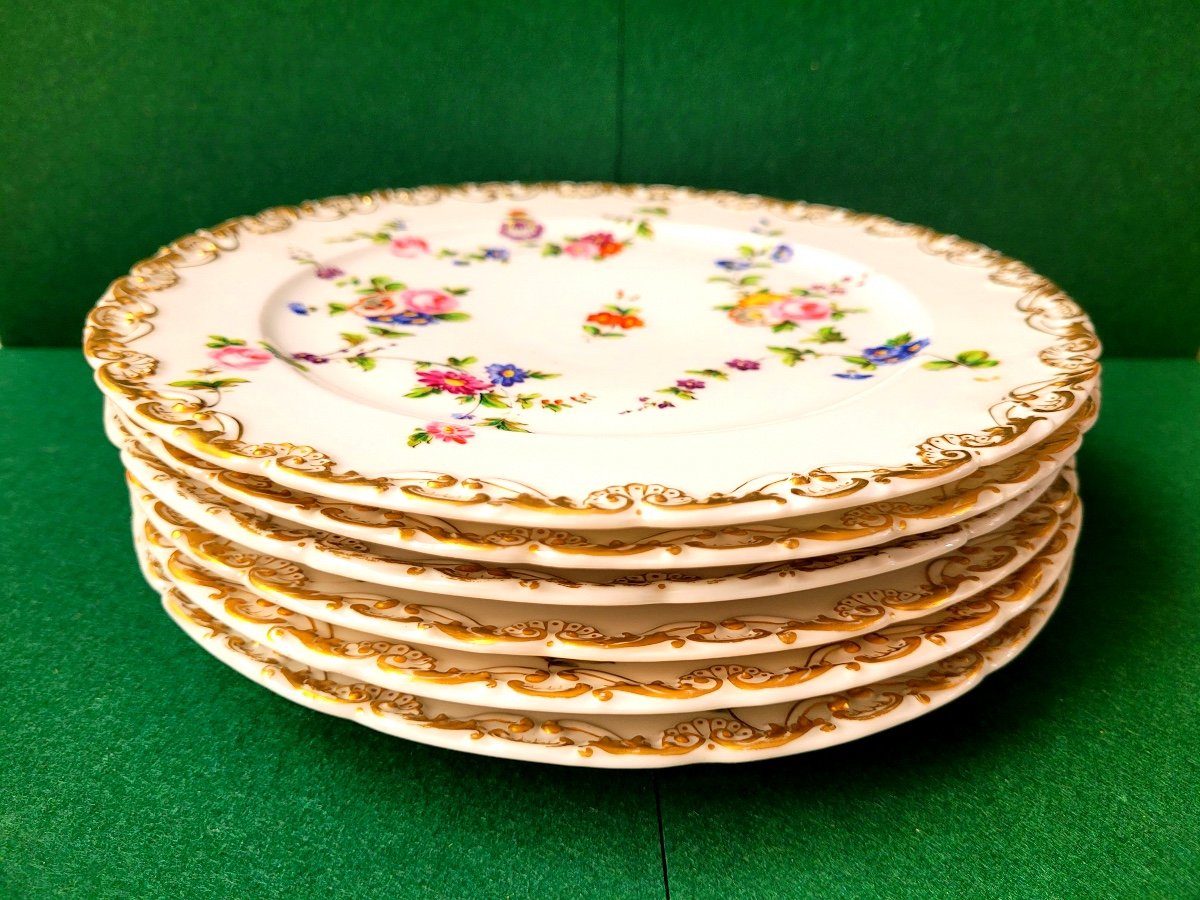 Jacob Petit-porcelain De Paris-6 Monogrammed Plates-floral Decor And Gilding