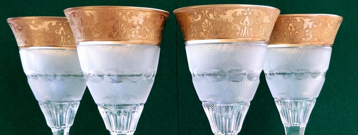 Four Large Stemmed Wine Glasses-crystal-moser-model Splendid-24k-photo-4