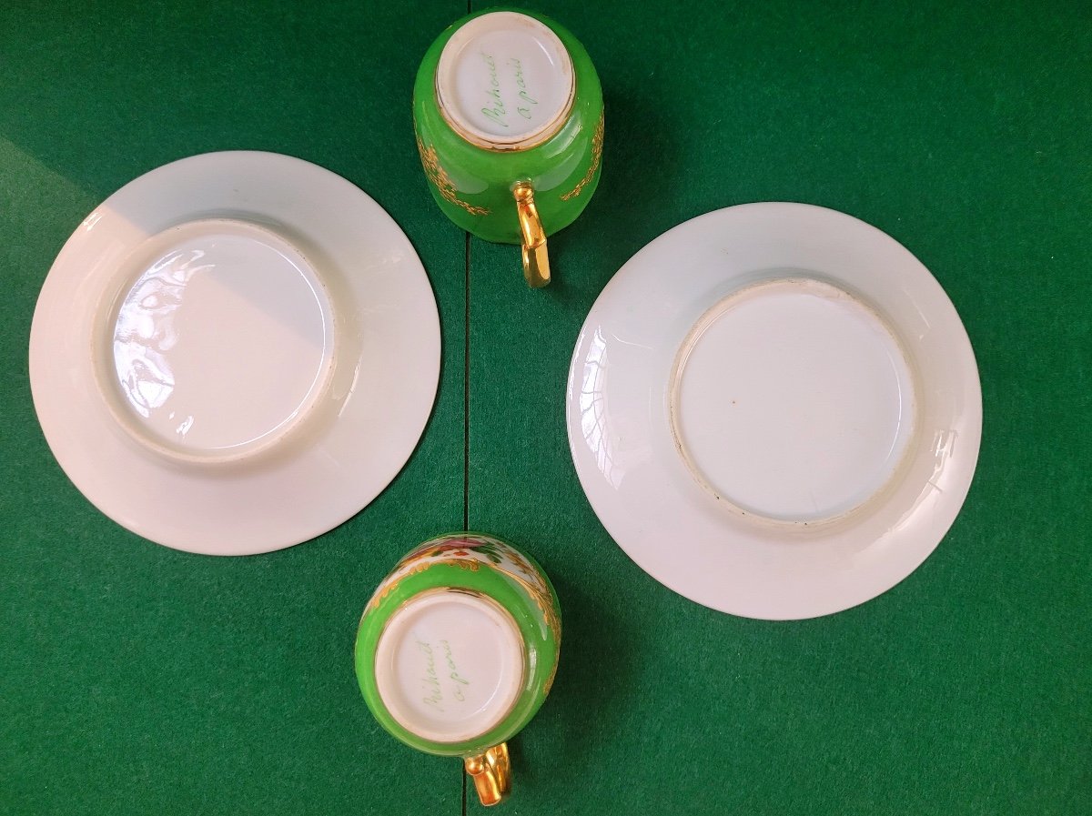 Two Coffee Cups-under Cutters-porcel Paris-jp Feuillet-rihouet-floral Decor-gilding-circa 1830-photo-3