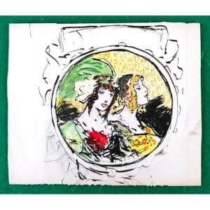 C16/57-original Drawing-ernest Gayac-watercolor-women-1920