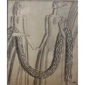C27/41-original Drawing-pencil-charcoin-jean Dupas-femmes Au Boa-1925