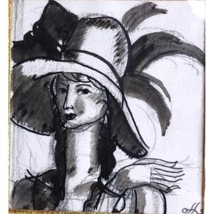 DESSIN ORIGINAL-SOUS CADRE-CRAYON-PASTEL-JEAN DUPAS-FEMME GALANTE AU CHAPEAU À PLUMES-1925