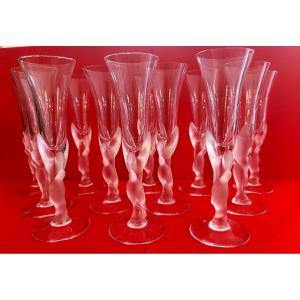 12 Champagne Flutes- Igor Carl Faberge-the Snow Doves-crystal And Molded-pressed Glass