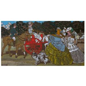 Chev-original Drawing-gouache-léon Cauvy-horses, Calèches-champs-élysées-19th