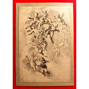 C27/115-original Drawing-jacob De Wit-angelots-angels Spilling Flowers-17c