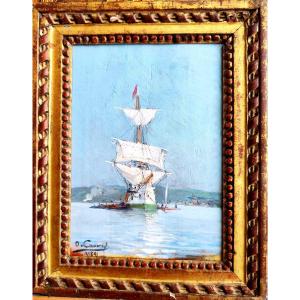 Oil On Wood-jmomer Camoreyt-a Large Three Mast In Rade-bordeaux-1891