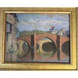 BOUT-HUILE SUR PANNEAU-SIGNÉE-JEAN DESPUJOLS-PONT VIEUX D'ESPALION-AVEYRON