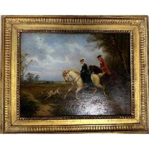 BOUT-HUILE SUR PANNEAU-CAVALIERS-SCÈNE ROMANTIQUE-19e