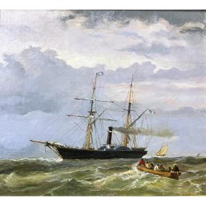 Bout-oil On Canvas-johan Adolf Rust-steamboat And Sailors' Boat-circa 1870