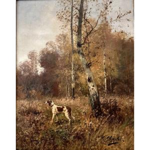 Bout-oil On Canvas-signed-hunting-émile Charlet-pointing Dog In The Undergrowth-circa 1880