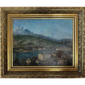 BOUT-HUILE SUR TOILE-SIGNÉE-VUE DE LUCERNE – BORD DU LAC ET VILLE ANCIENNE-SUISSE