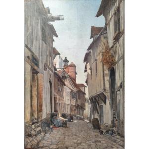 BOUT-HUILE SUR TOILE-SIGNÉE-ADRIEN JOURDEUIL-CHAUSSONNIERS-LA RUE AUX ROYS-PONT-DE-L'ARCHE-1886