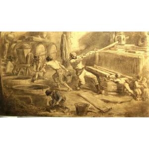DESSIN ORIGINALE SIGNÉ- EDMOND MORIN-LE PRESSOIR - SCÈNE DE VENDANGES-TRAVAIL DU VIN-1866