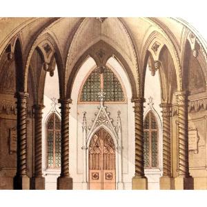 DESSIN ET AQUARELLE-ALESSANDRO SANQUIRICO-SALLE GOTHIQUE -ARCHITECTURE MÉDIÉVALE-SCALA DE MILAN