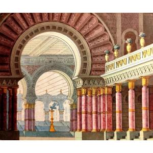 DESSIN-ALESSANDRO SANQUIRICO-TEMPLE IMAGINAIRE-MOYEN-ORIENT-SCÉNOGRAPHIE-LA SCALA DE MILAN-1830