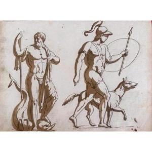 DESSIN ORIGINAL RECTO-VERSO - ÉTUDES DE MOBILIER ANTIQUE ET DIVINITÉS GRÉCO-ROMAINES - NEPTUNE