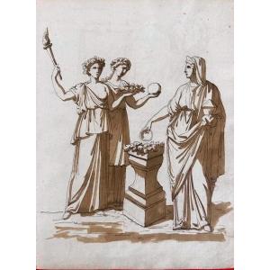 DESSIN ORIGINAL RECTO-VERSO - ROME ANTIQUE - ALLÉGORIES SACRÉES ET ARMURE IMPÉRIALE