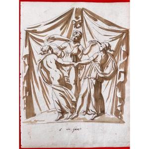 DESSIN ORIGINAL RECTO-VERSO - DANSE DE VESTALES ET MOBILIER ANTIQUE ROMAIN-1770