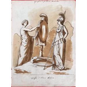 DESSIN ORIGINAL RECTO-VERSO - SCÈNE HÉROÏQUE ANTIQUE ET RELEVÉS ARCHÉOLOGIQUES ROMAINS