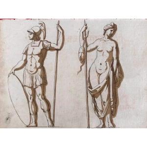 DESSIN ORIGINAL RECTO-VERSO-ATHÉNA-FIGURE ANTIQUE FÉMININE-MOBILIER ET MONUMENTS GRÉCO-ROMAINS