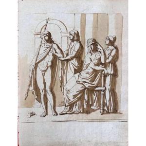 Dessin original recto-verso - Études d’objets et scène de la Grèce antique
