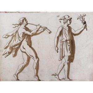 DESSIN ORIGINAL RECTO-VERSO - MERCURE ET ÉTUDES D’OBJETS ANTIQUES