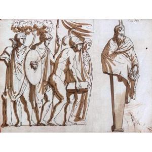 DESSIN ORIGINAL RECTO-VESRO - FIGURES HÉROÏQUES ET ÉTUDES D’OBJETS RITUELS DE L’ANTIQUITÉ