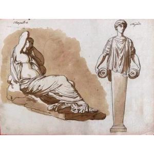 DESSIN ORIGINAL RECTO-VERSO – CLÉOPÂTRE ET FIGURES ANTIQUES – MOBILIER GRÉCO-ROMAIN