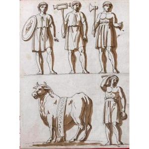 DESSIN ORIGINAL RECTO-VERSO – GUERRIERS ANTIQUES ET MOBILIER GREC
