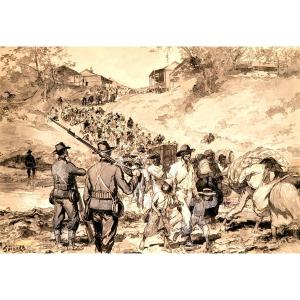 Auguste Gérardin-original Watercolor And Wash-signed-scene Of Exodus In South America-1880