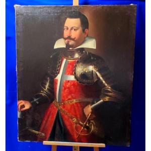 HUILE SUR TOILE-&Eacute;COLE ITALIENNE-FERRARE-CHEVALIER DE MALTE-CONDOTTIERE EN ARMURE-16 &Egrave;ME SI&Egrave;CLE