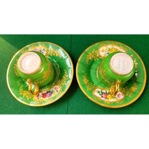 Two Coffee Cups-under Cutters-porcel Paris-jp Feuillet-rihouet-floral Decor-gilding-circa 1830