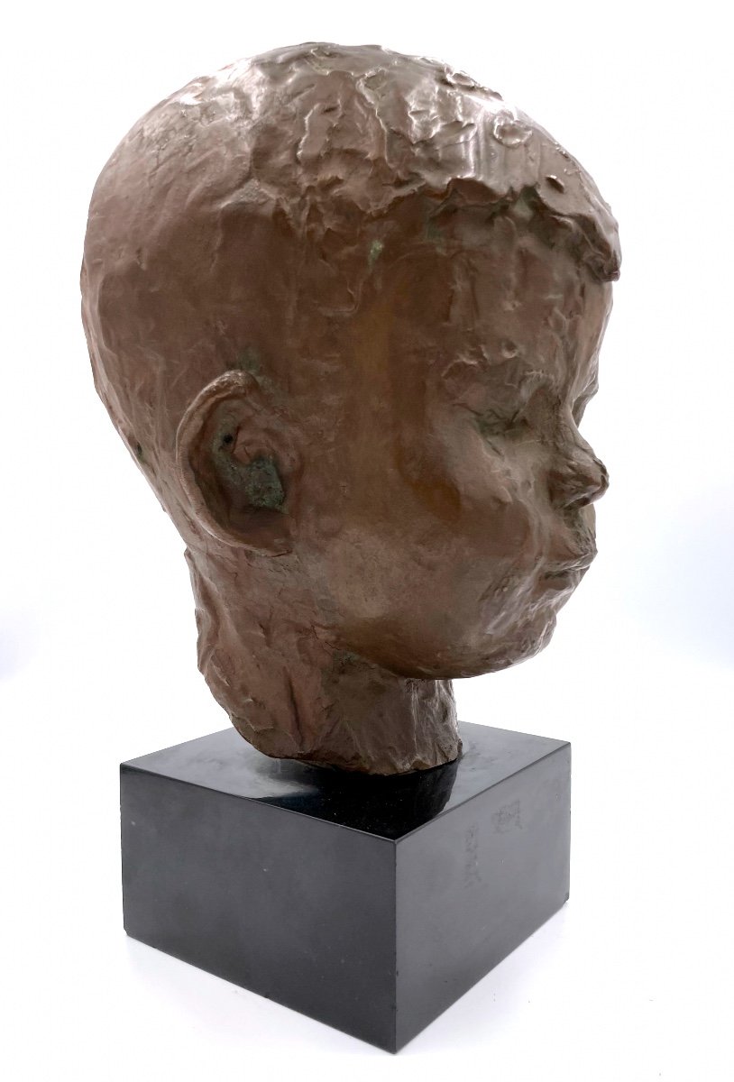 Ecole Du Début Du 20ème Siècle - Portrait d'Enfant, Sculpture En Bronze-photo-2