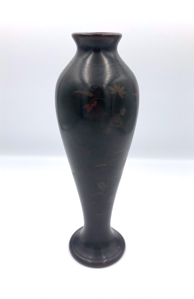 Japan, Meiji Era - Vase Decorated With Birds And Lotus Flowers In Bronze And Cloisonné Enamels-photo-2