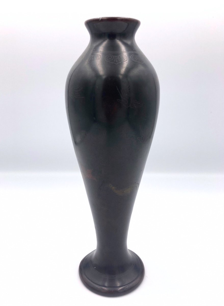 Japan, Meiji Era - Vase Decorated With Birds And Lotus Flowers In Bronze And Cloisonné Enamels-photo-3