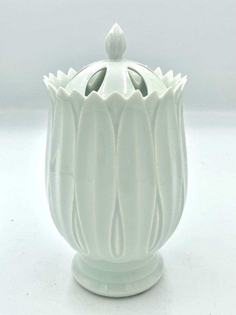 Vase Brûle-parfum En Forme De Fleur De Lotus Fermée - Céramique Bleu Céladon - Japon XXe Siècle
