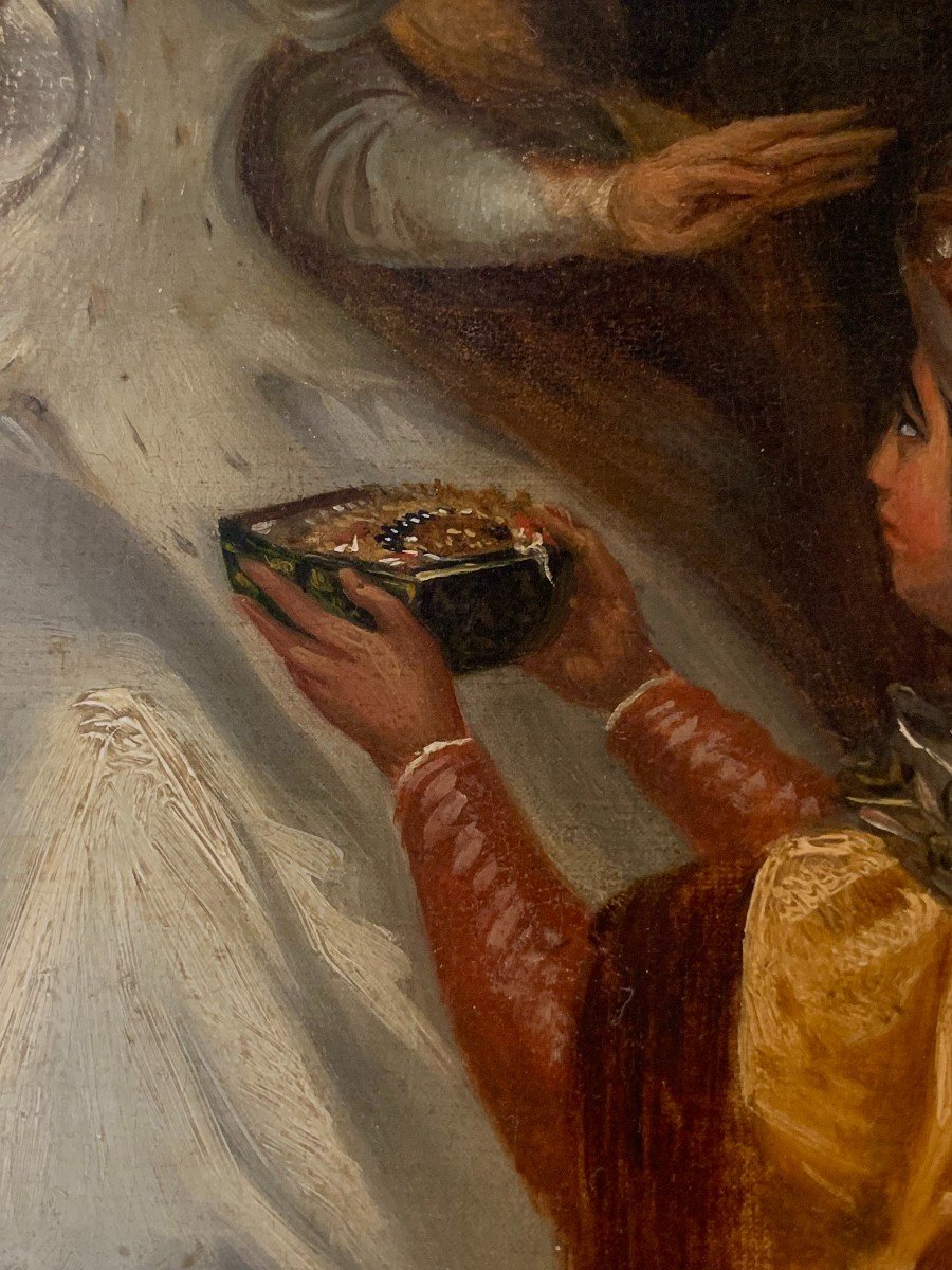 Eugène Dévéria (d'après) -  Rébecca Offrant Ses Bijoux à Lady Rowena - Huile Sur Toile - 19e S.-photo-4