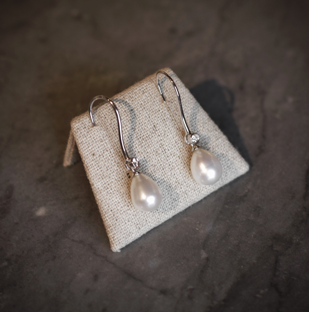 18k White Gold, Diamond And Oblong Pearl Drop Earrings