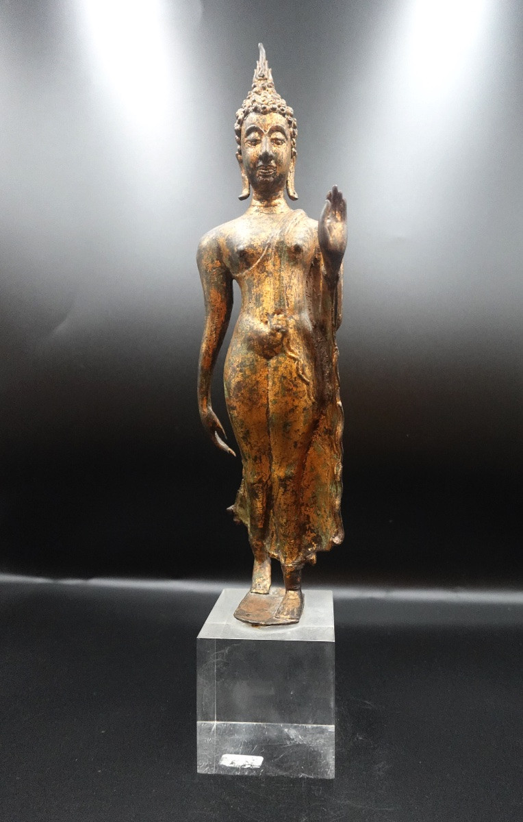 Thaïlande, 18ème siècle - Bouddha marchant en bronze doré style Sukhothaï-photo-2