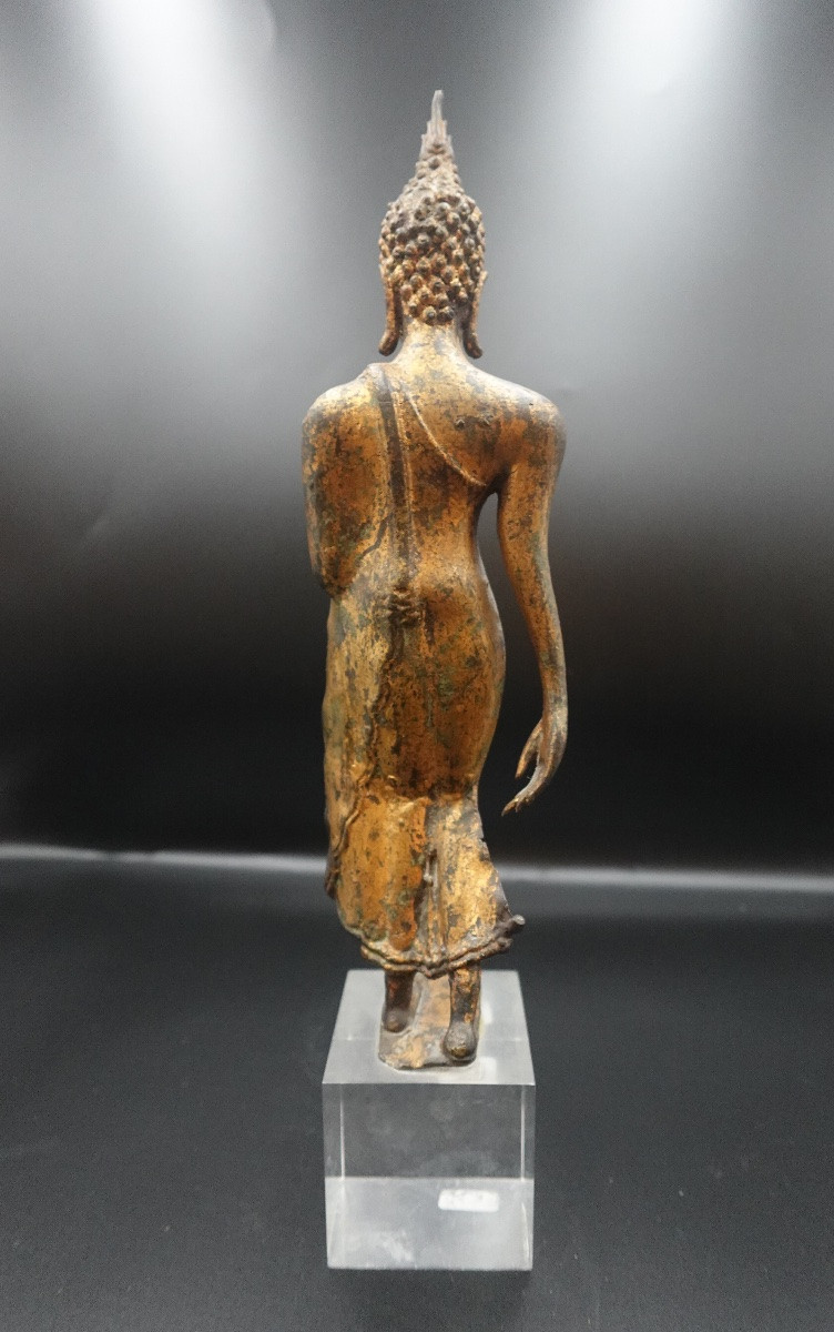 Thaïlande, 18ème siècle - Bouddha marchant en bronze doré style Sukhothaï-photo-3
