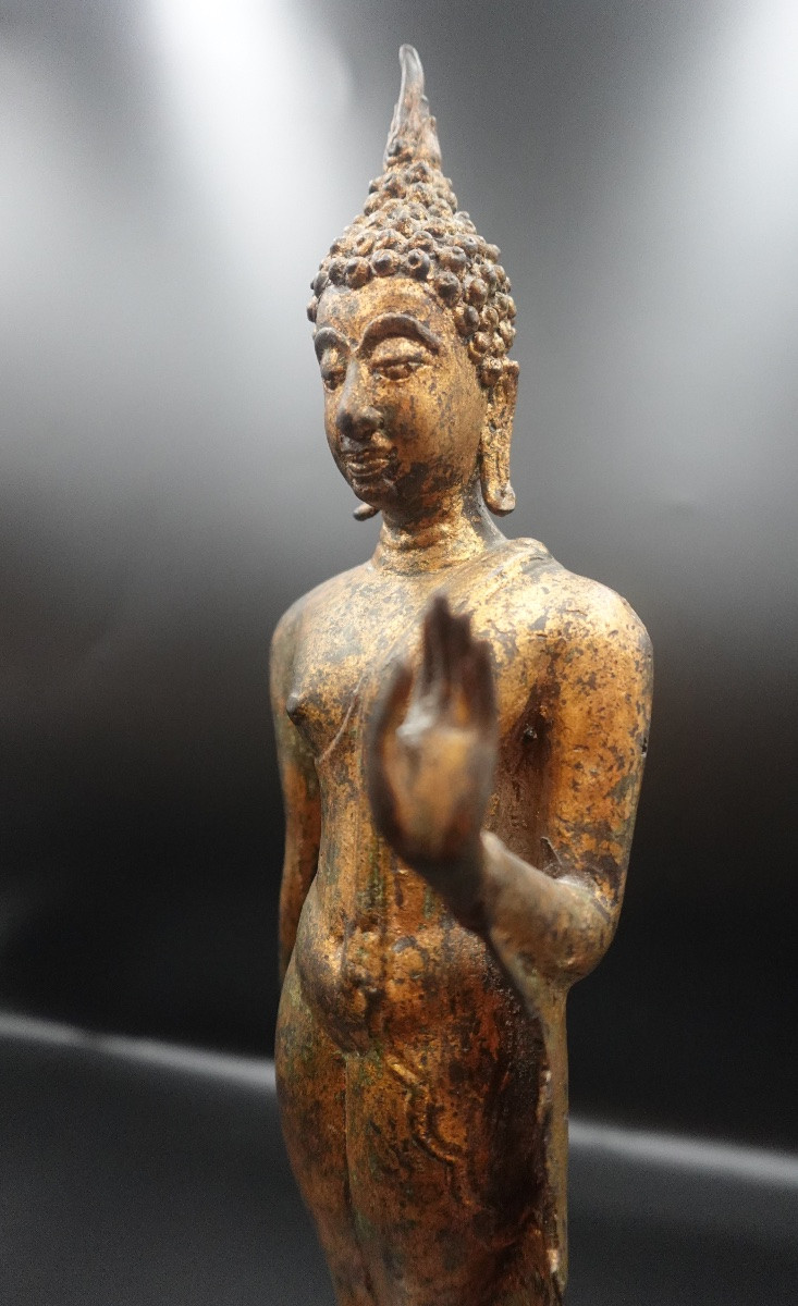 Thaïlande, 18ème siècle - Bouddha marchant en bronze doré style Sukhothaï-photo-4