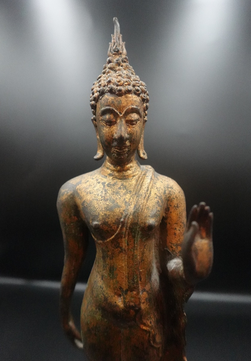 Thaïlande, 18ème siècle - Bouddha marchant en bronze doré style Sukhothaï-photo-1
