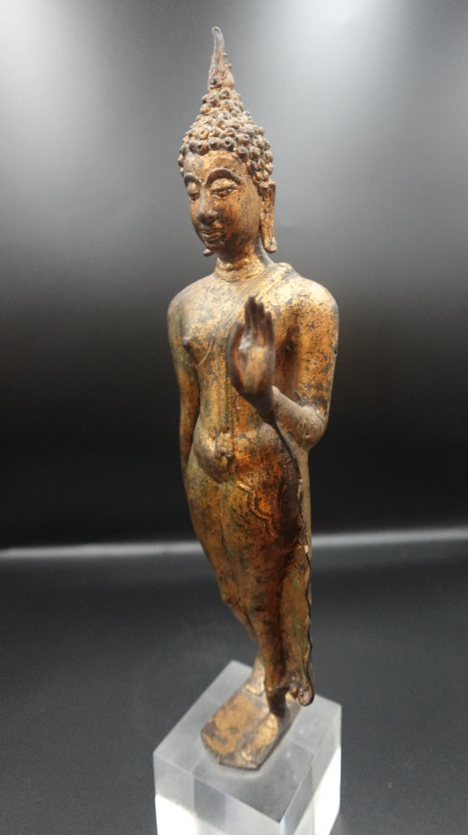 Thaïlande, 18ème siècle - Bouddha marchant en bronze doré style Sukhothaï-photo-5