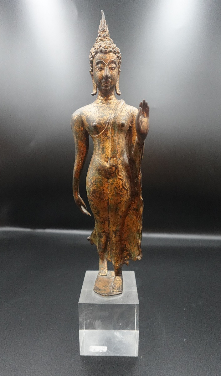 Thaïlande, 18ème siècle - Bouddha marchant en bronze doré style Sukhothaï-photo-7