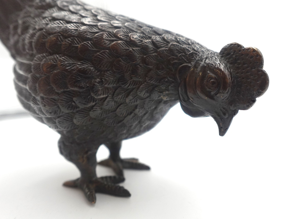 Japon, époque Meiji (1868–1912) - Poule en bronze patiné-photo-4