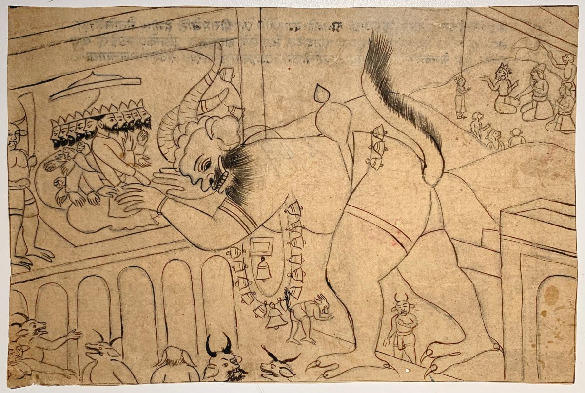 L’histoire du Ramayana, 12 encres sur papiers avec textes au revers – Inde, Pendjab, 19ème-photo-3