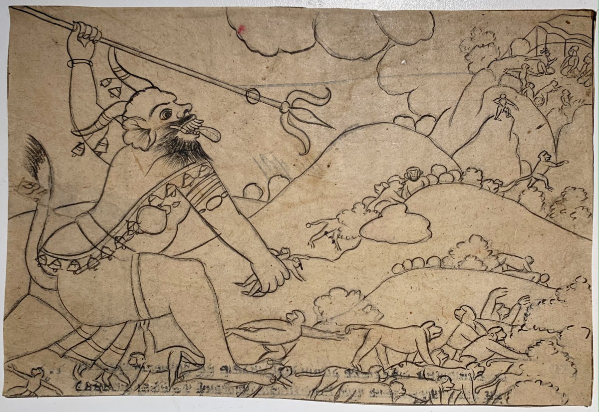L’histoire du Ramayana, 12 encres sur papiers avec textes au revers – Inde, Pendjab, 19ème-photo-6