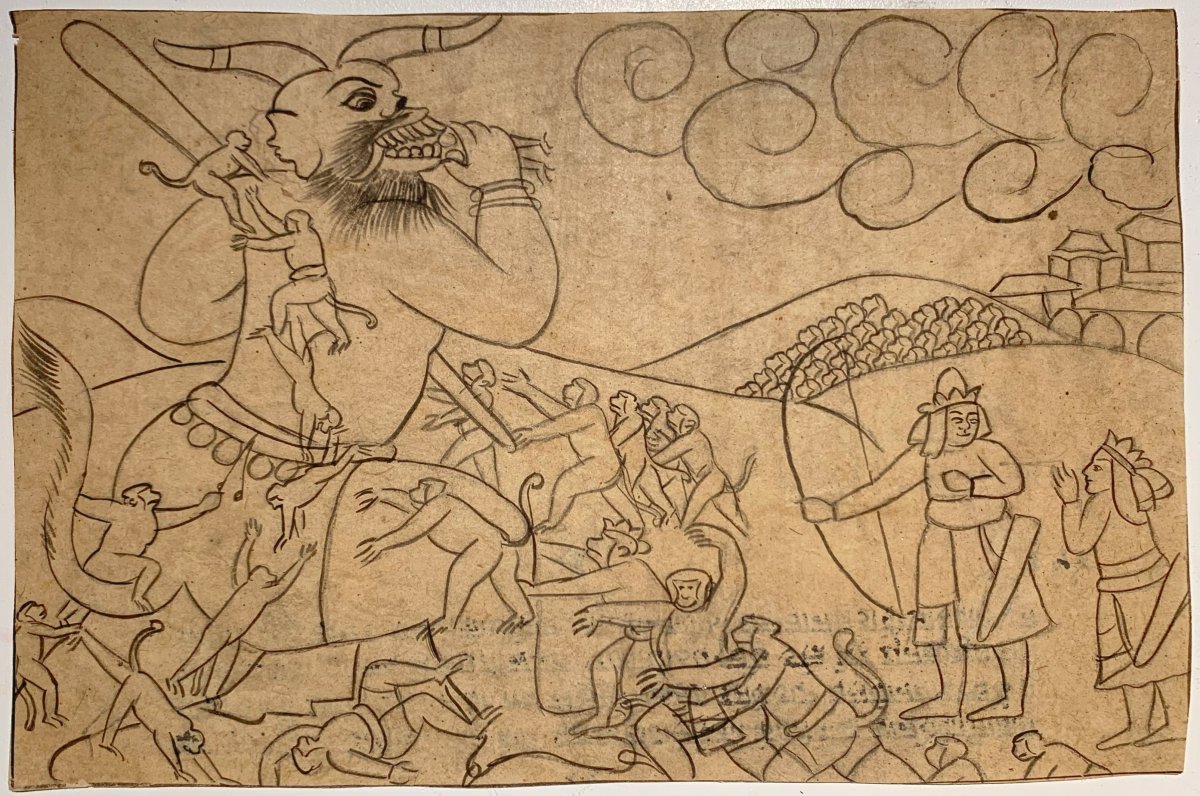 L’histoire du Ramayana, 12 encres sur papiers avec textes au revers – Inde, Pendjab, 19ème-photo-1