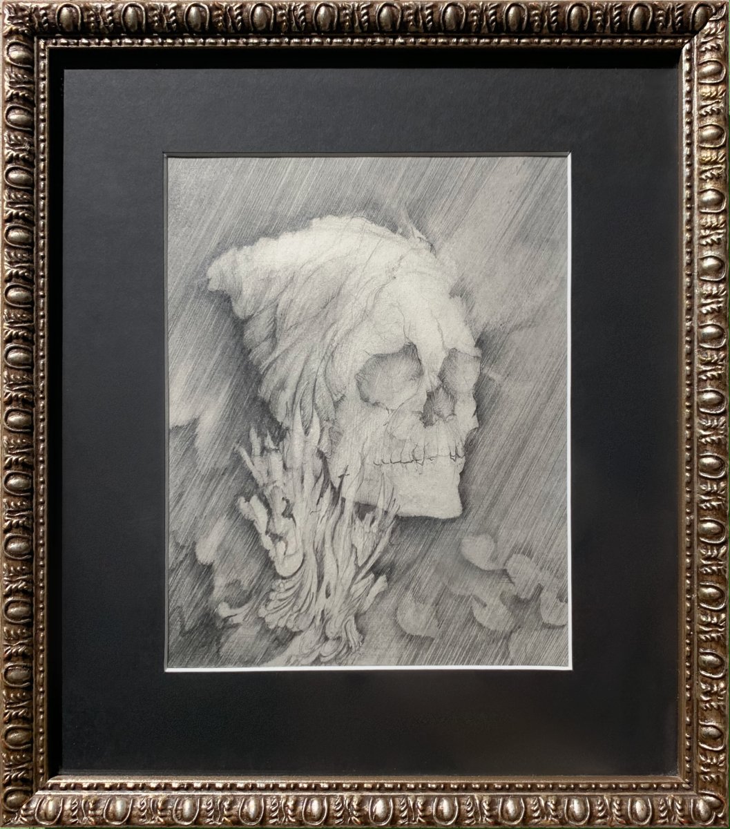 Frédéric Heydt - Vanity: Skull In Flames, Pencil Drawing C. 1960 - Memento Mori
